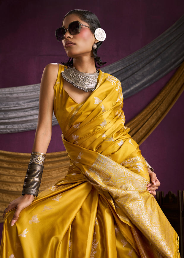 Blazing Yellow Banarasi Satin Silk Saree