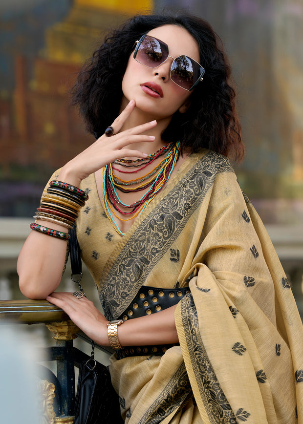 Dusky Yellow Woven Tissue Linen Silk Saree