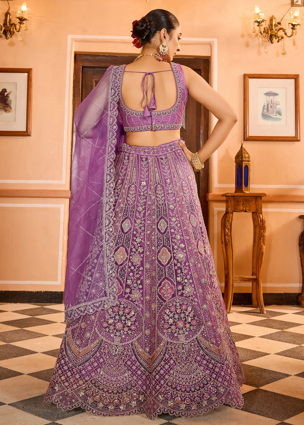 Lilac Purple Embroidered Net Lehenga