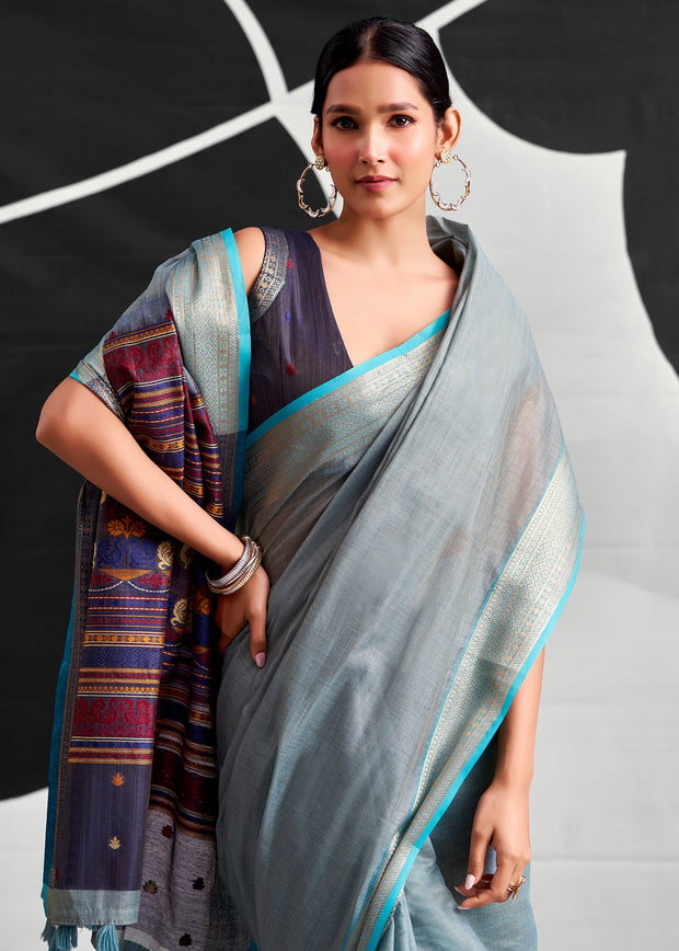 Aquatic Blue Woven Linen Cotton Silk Saree