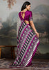 Plum Purple And White Printed Satin Silk Saree