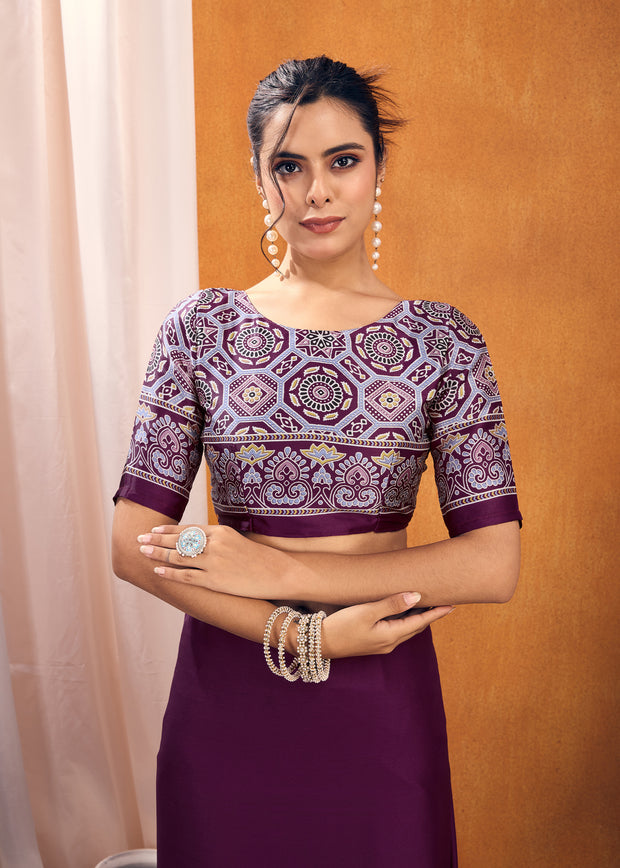 Passion Purple Satin Silk Saree with Ajrakh Printed Pallu and Blouse