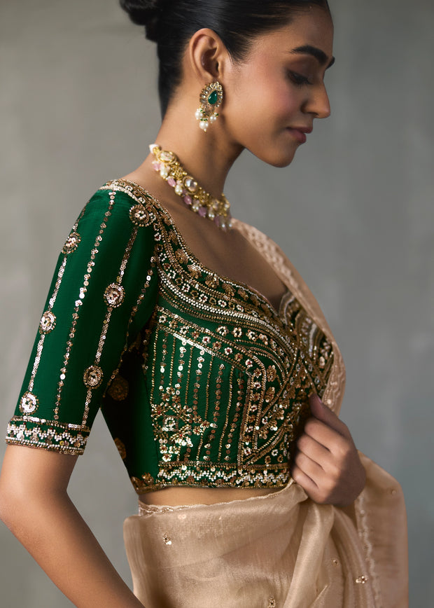 Golden Beige Embroidered Silk Saree With Heavy Blouse