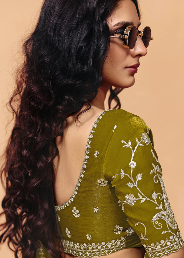 Olive Green Embroidered Designer Tissue Saree