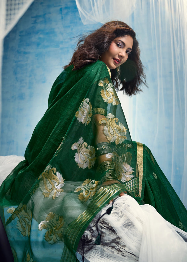 Hunter Green Woven Cotton Silk Saree