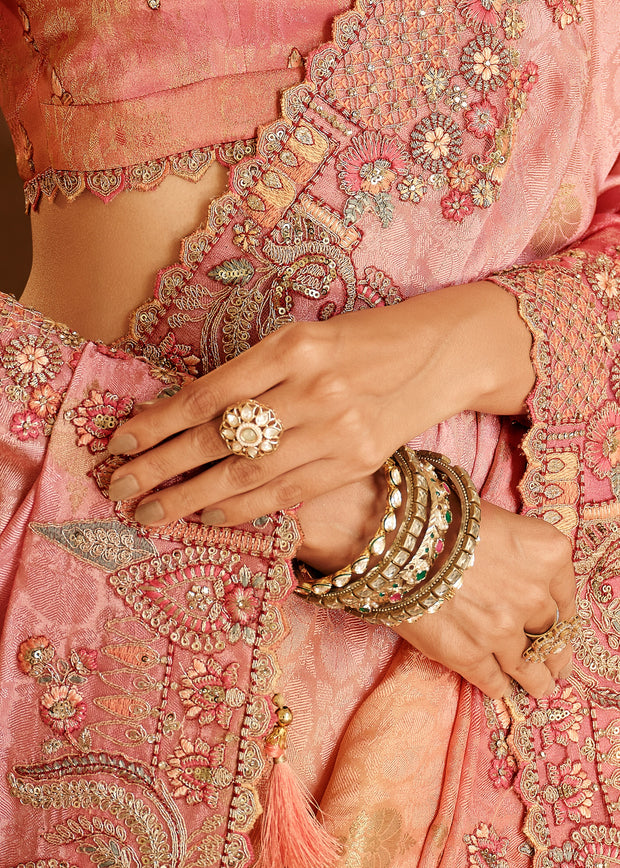 Peach & Pink Designer Embroidered Silk Saree