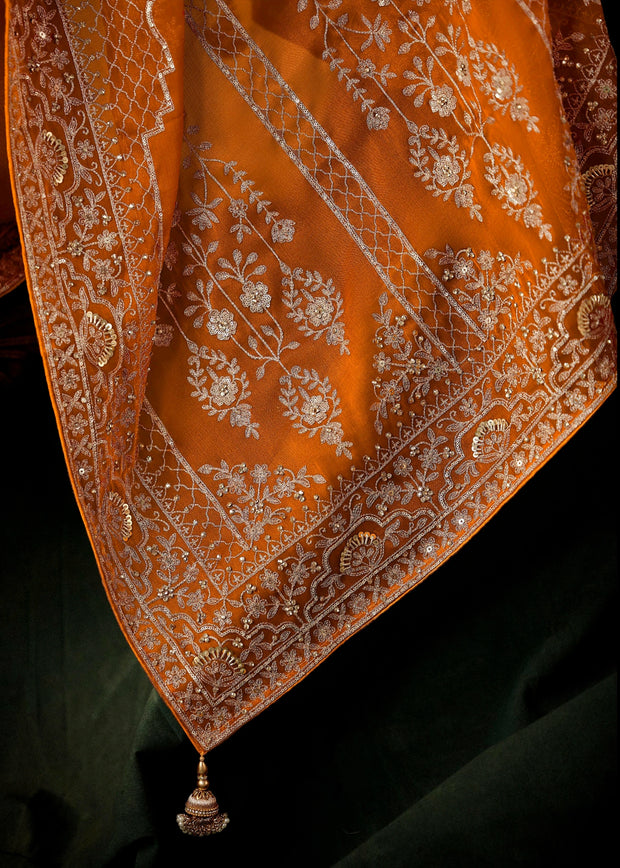 Poppy Orange Embroidered Designer Saree