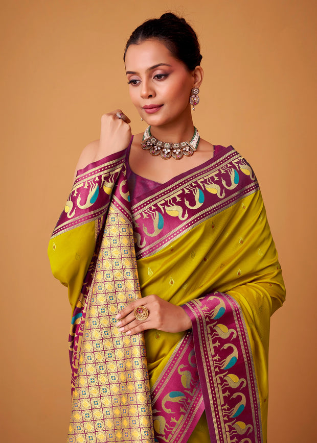 Lime Green Woven Banarasi Silk Saree
