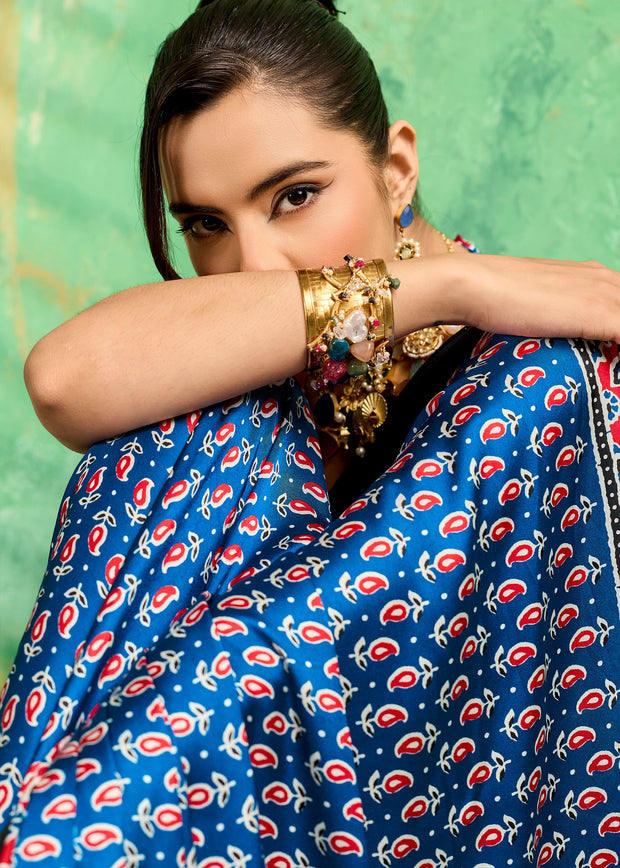 Blue Printed Satin Silk Saree