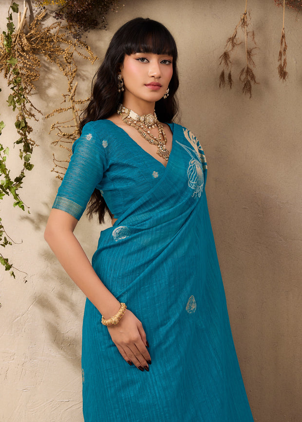 Swedish Blue Woven Soft Silk Saree