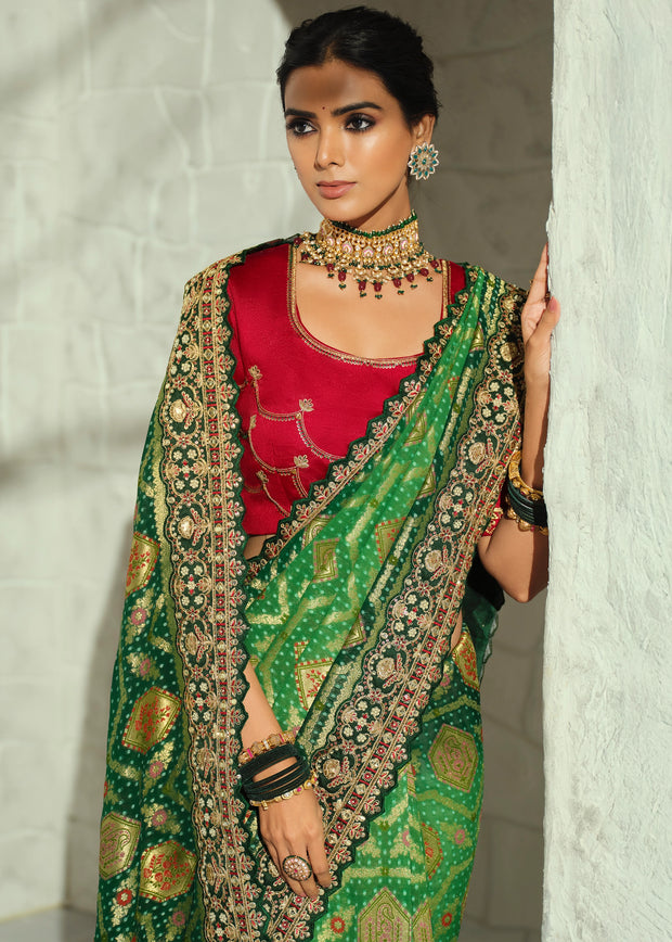 2-Shades Green Embroidered Georgette Bandhej Saree