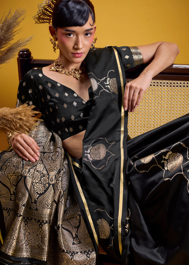 Pirate Black Banarasi Satin Silk Saree