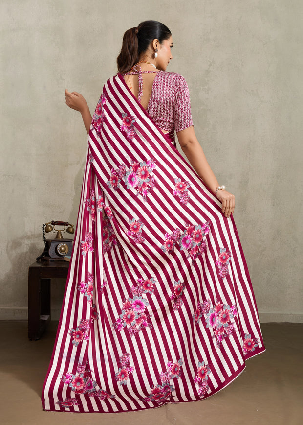 Mauve Pink Printed Satin Silk Saree