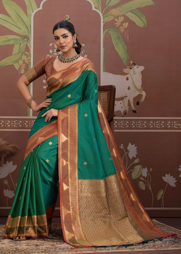 Hunter Green Woven Tussar Silk Saree