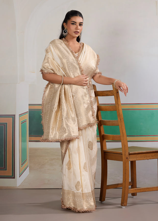 Snow White Woven Banarasi Satin Silk Saree