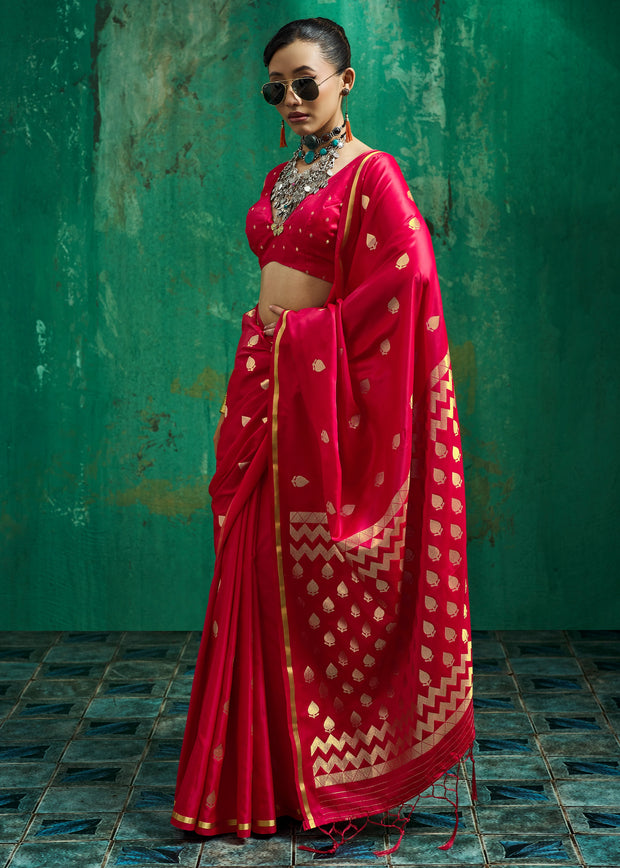 Bright Red Woven Banarasi Satin Silk Saree