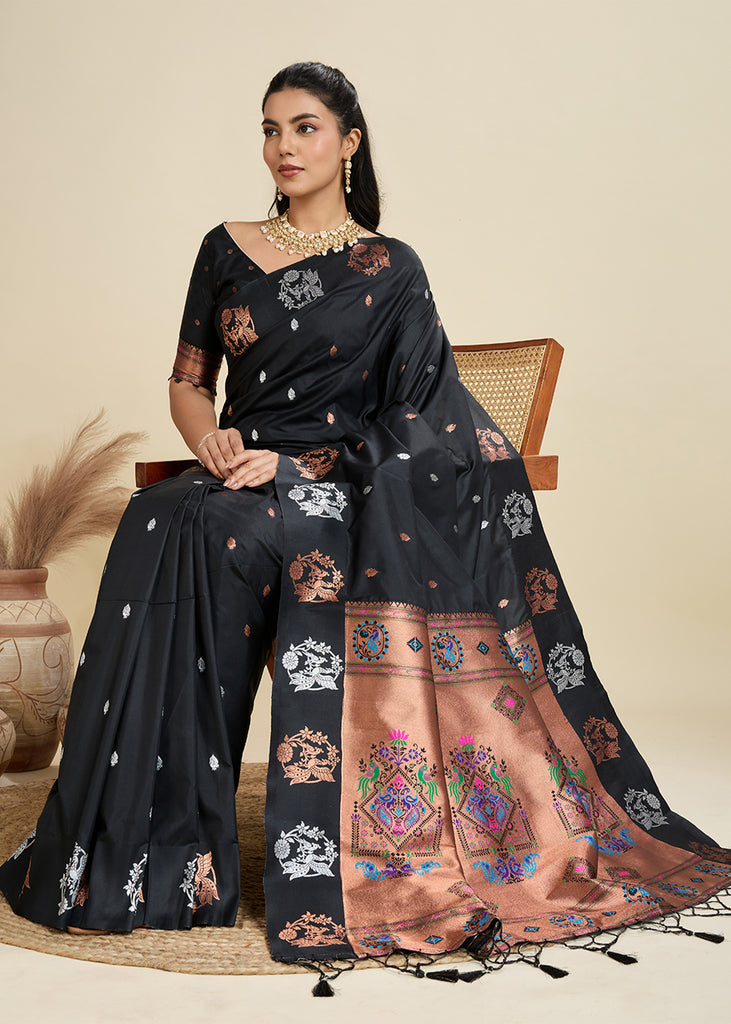 Ebony Black Woven Bronze Zari Paithani Silk Saree