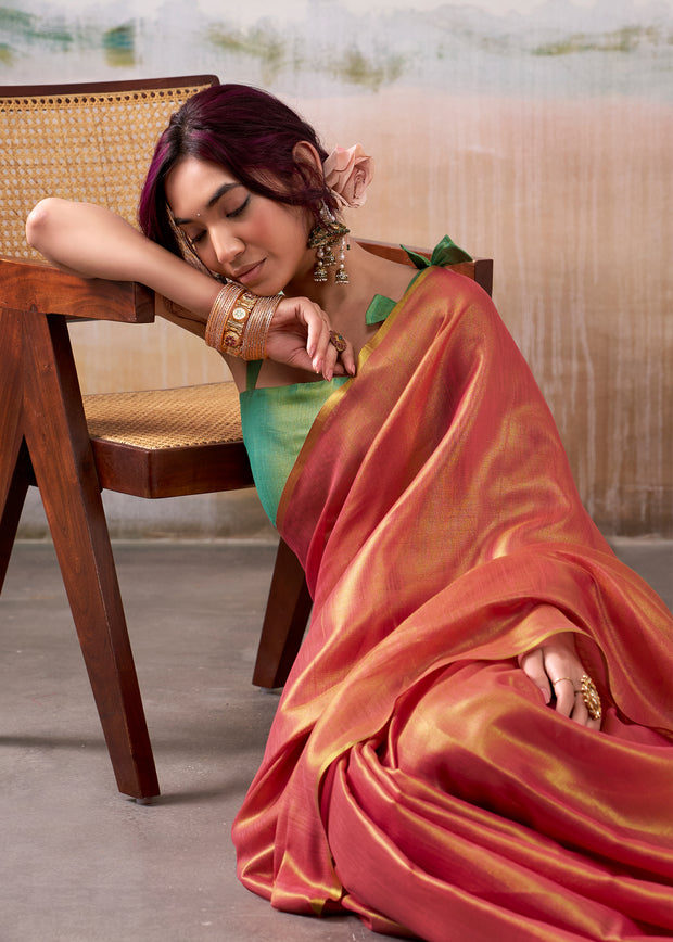Sunset Orange Woven Tissue Silk Saree