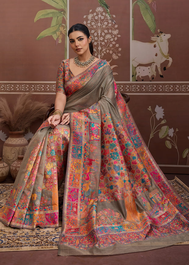 Fossil Grey Woven Cotton Kashmiri Jamewar Saree