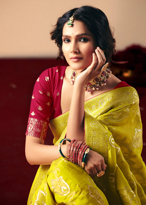 Blazing Yellow Woven Banarasi Silk Saree
