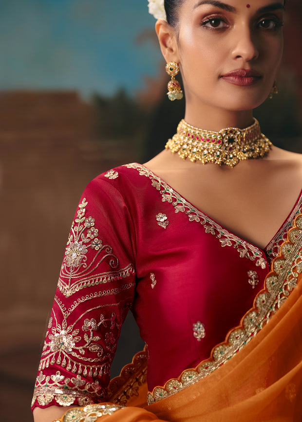Peel Orange Embroidered Designer Saree