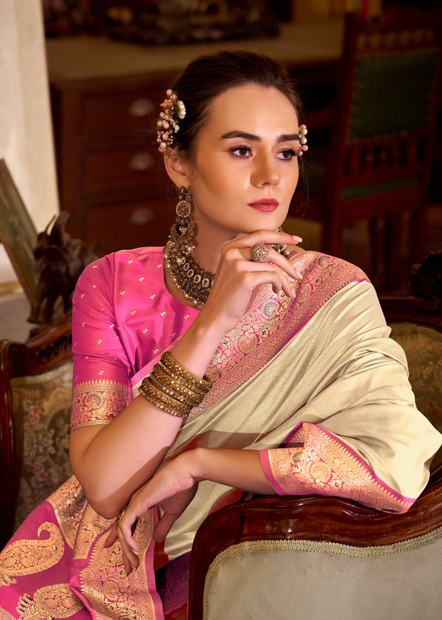 Off White Banarasi Soft Silk Saree