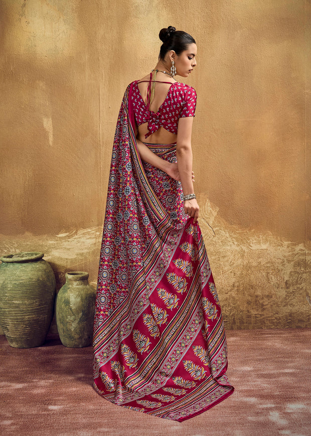 Beet Red Printed Satin Silk Saree