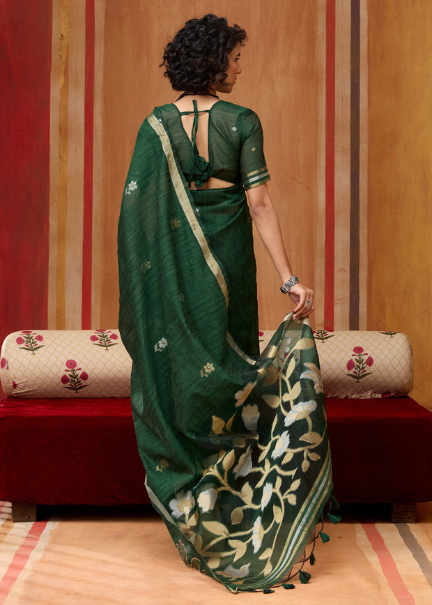 Forest Green Woven Cotton Silk Saree