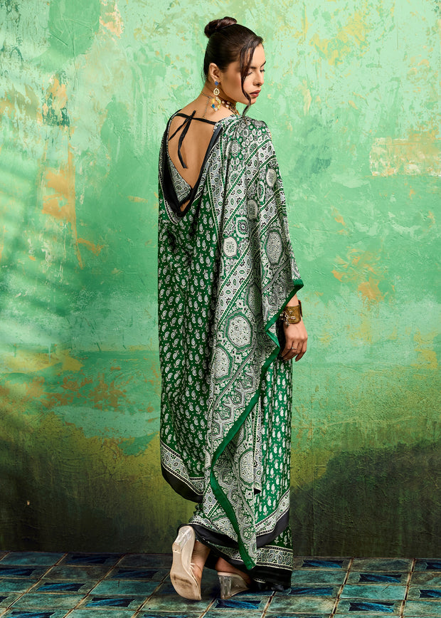Forest Green Printed Satin Silk Saree