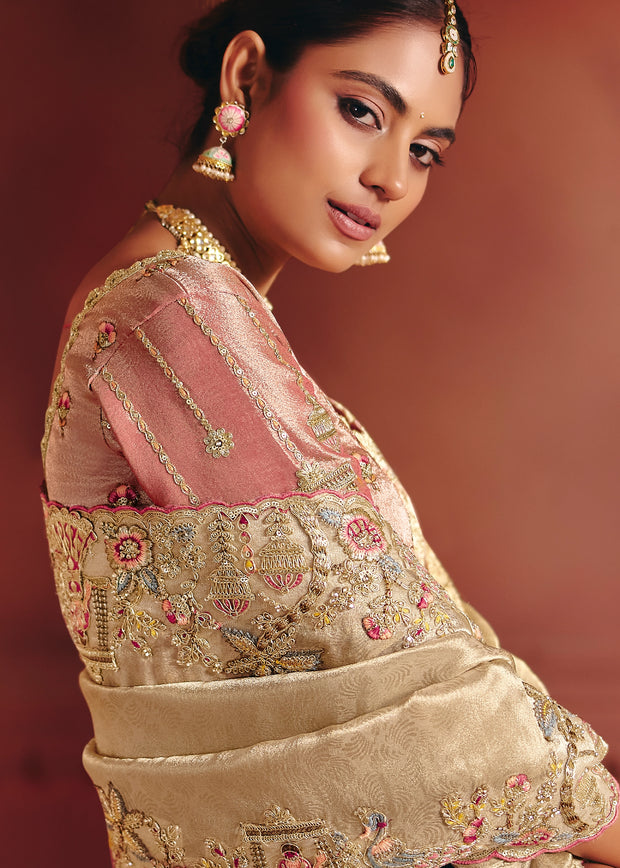 Classic Cream Designer Embroidered Saree