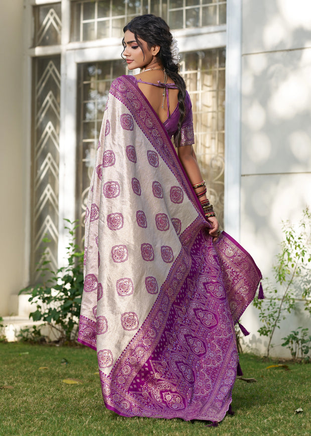White And Purple Woven Banarasi Silk Saree