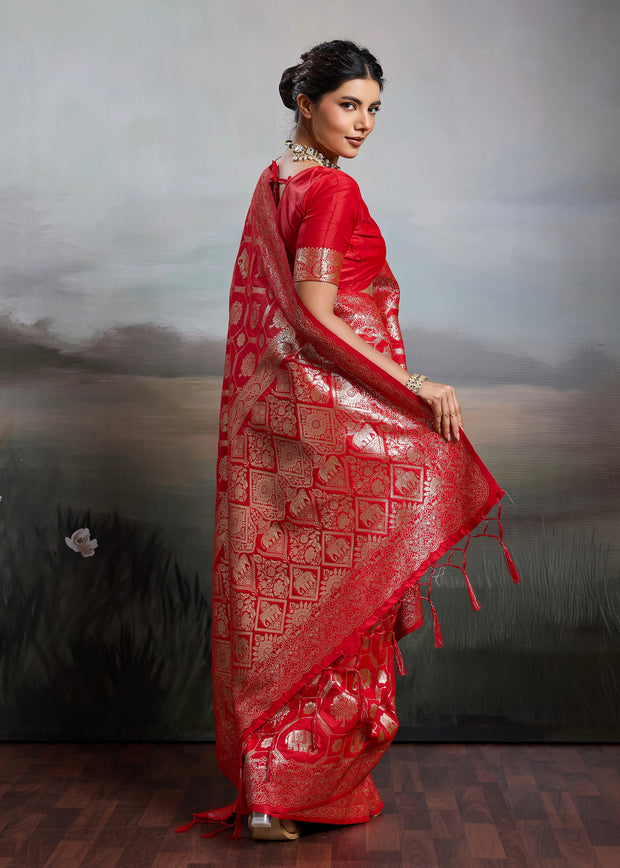 Vermilion Red Woven Banarasi Silk Saree