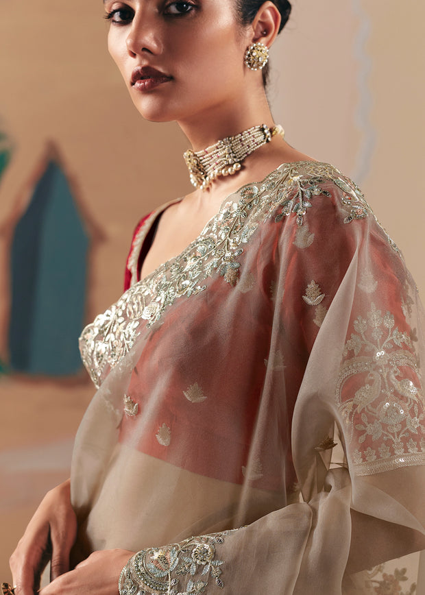 Beige Embroidered Designer Saree