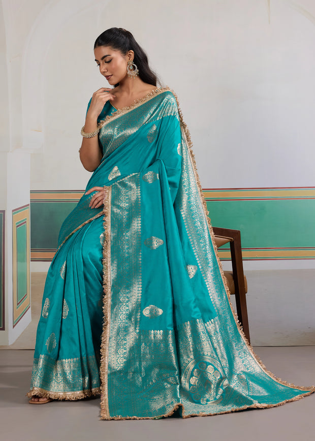 River Blue Woven Banarasi Satin Silk Saree