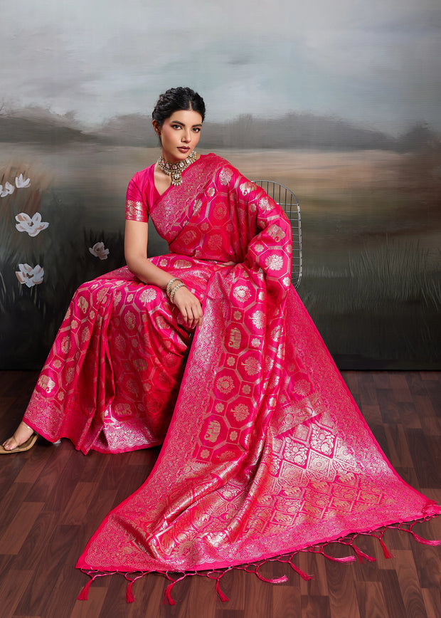 Fuchsia Pink Woven Banarasi Silk Saree