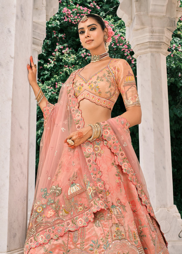 Coral Peach Heavy Embroidered Designer Lehenga