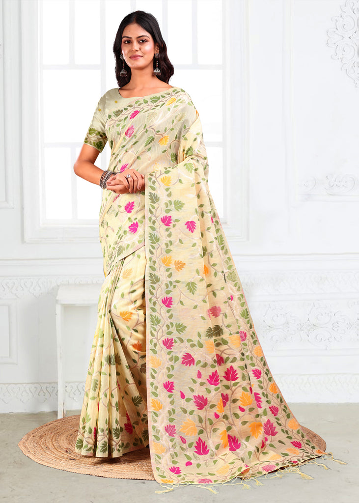 Off White Woven Linen Cotton Silk Saree