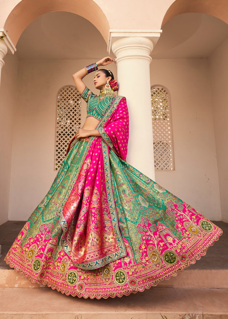 Green & Pink Banarasi Silk Embroidered Lehenga