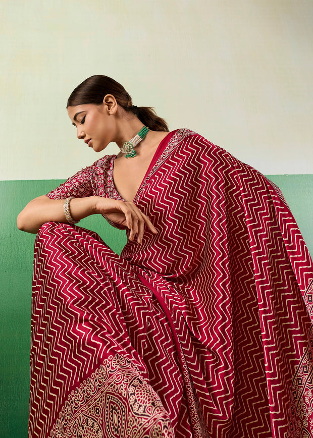 Deep Red Printed Satin Silk Saree