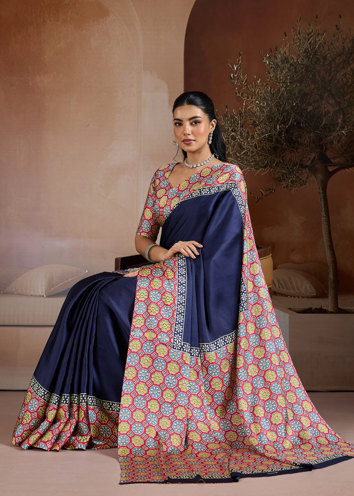Navy Blue Printed Satin Silk Saree