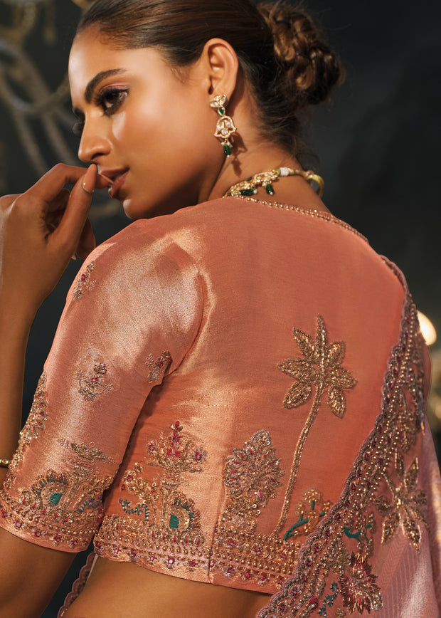 Peach Pink Embroidered Silk Saree