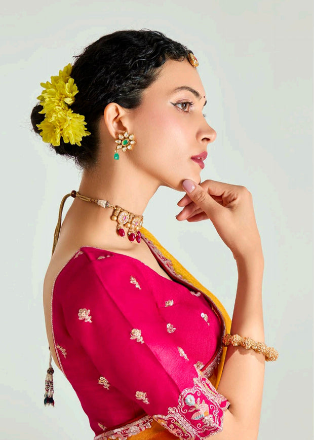 Yellow Red Ombre Tissue Designer Tissue Saree With Embroidered Blouse