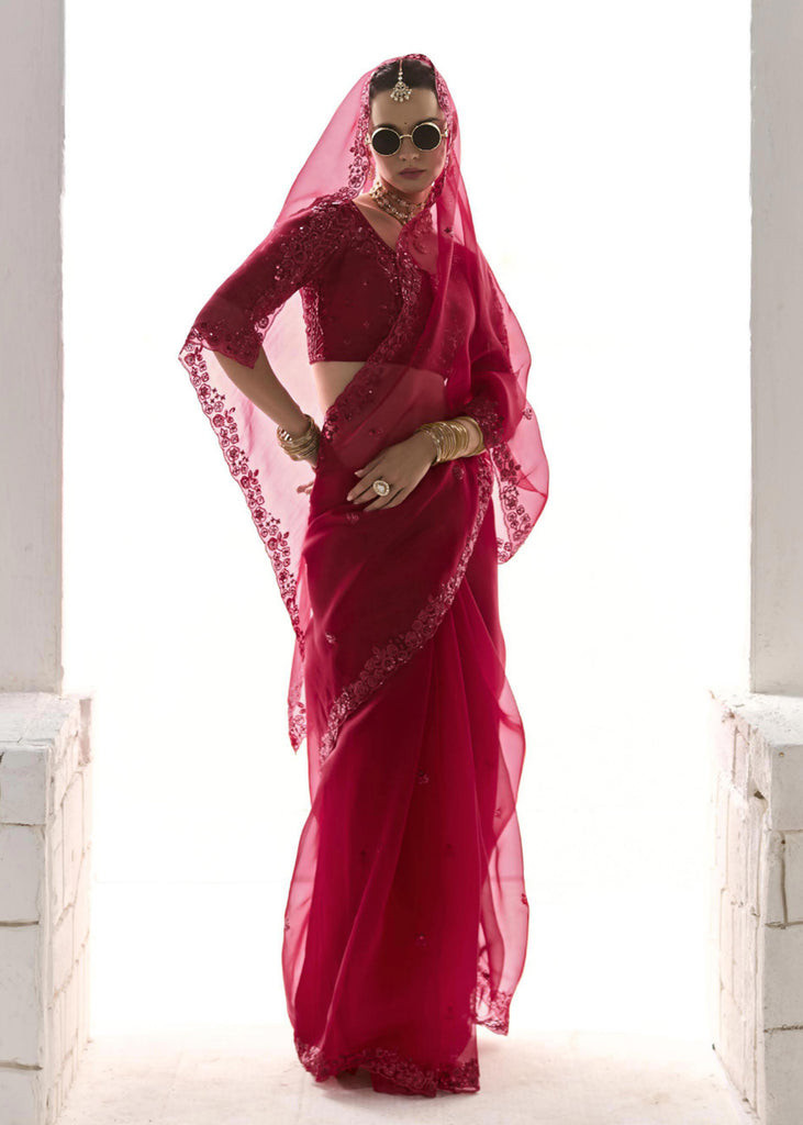 Beet Red Designer Organza Tissue Silk Saree