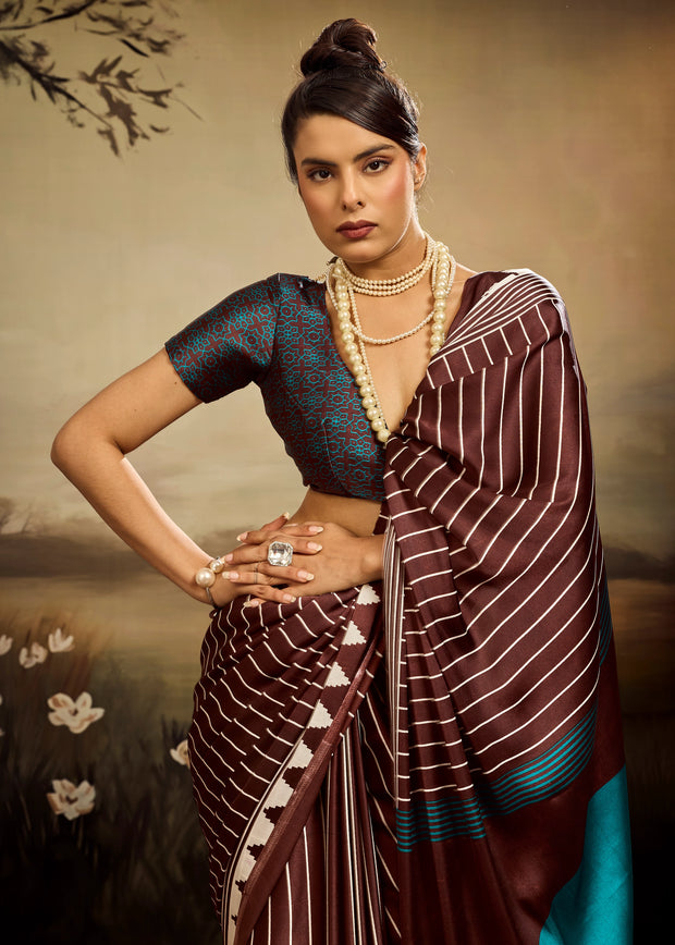 Deep Maroon Printed Satin Silk Saree