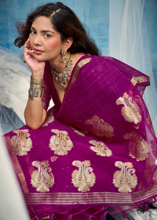 Wine Purple Woven Cotton Silk Saree