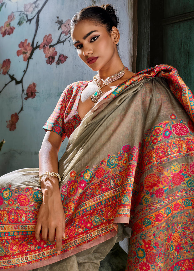 Grey Woven Cotton Kashmiri Jamewar Saree