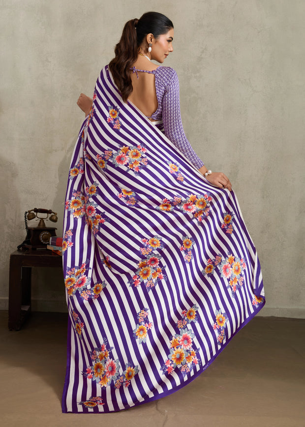 Purple Printed Satin Silk Saree