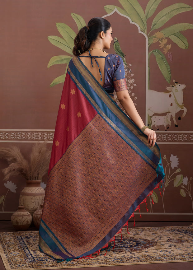 Amarican Red Woven Banarasi Tussar Silk Saree