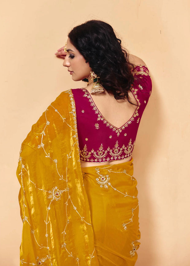 Mimosa Yellow Embroidered Designer Tissue Saree