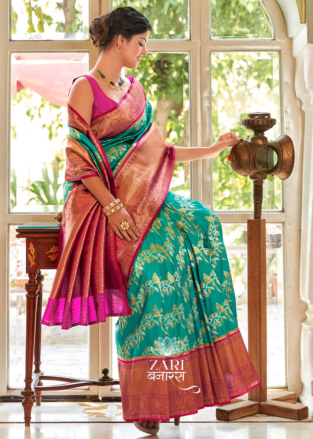 Mayuri: Kanjivaram Leheriya Saree Featuring Majestic Peacocks In Shades of Blue and Red (7659176034497) (7704220139713)